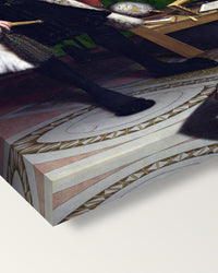 The Ambassadors by Hans Holbein the Younger on stretched canvas, corner close-up: the painting mirror-wrapped round the sides