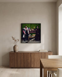 The Ambassadors by Hans Holbein the Younger in a black frame above a walnut sideboard in a dining room