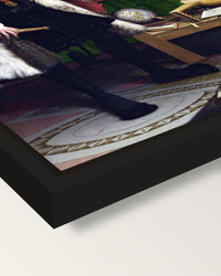 The Ambassadors by the Younger framed canvas, corner close-up: a black floating frame with a shadow gap round the canvas