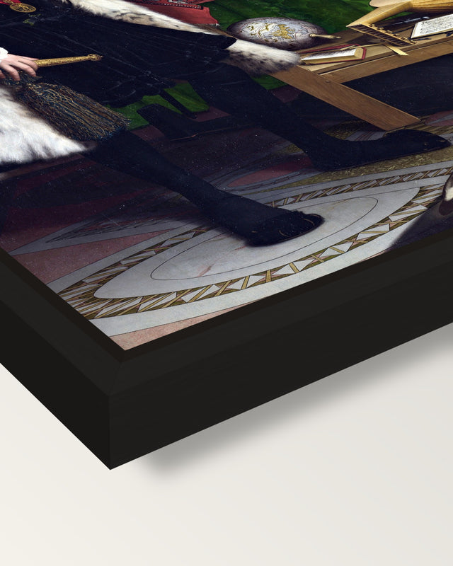 The Ambassadors by the Younger framed canvas, corner close-up: a black floating frame with a shadow gap round the canvas