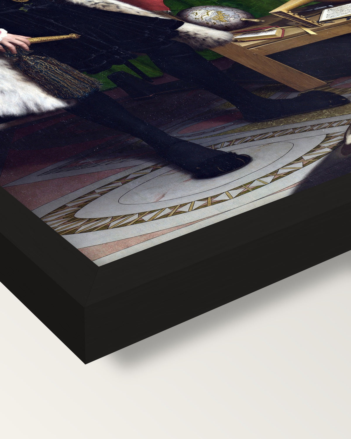 The Ambassadors by the Younger framed print, corner close-up: black moulding, mitred, the print set just below its edge