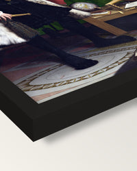 The Ambassadors by the Younger framed print, corner close-up: black moulding, mitred, the print set just below its edge