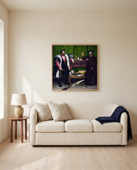 The Ambassadors by Hans Holbein the Younger framed in natural oak above a cream sofa in a warm living room