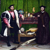 The Ambassadors by Holbein: two men in fur and black flank a shelf of globes and instruments, a stretched skull below