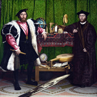 The Ambassadors by Holbein: two men in fur and black flank a shelf of globes and instruments, a stretched skull below