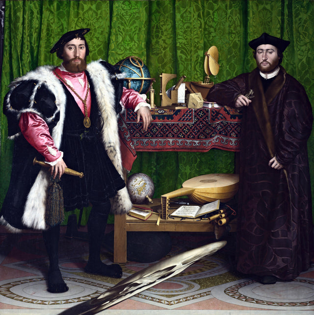 The Ambassadors by Holbein: two men in fur and black flank a shelf of globes and instruments, a stretched skull below