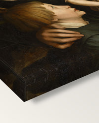 The Artist’s Family by the Younger on stretched canvas, corner close-up: the painting mirror-wrapped round the sides