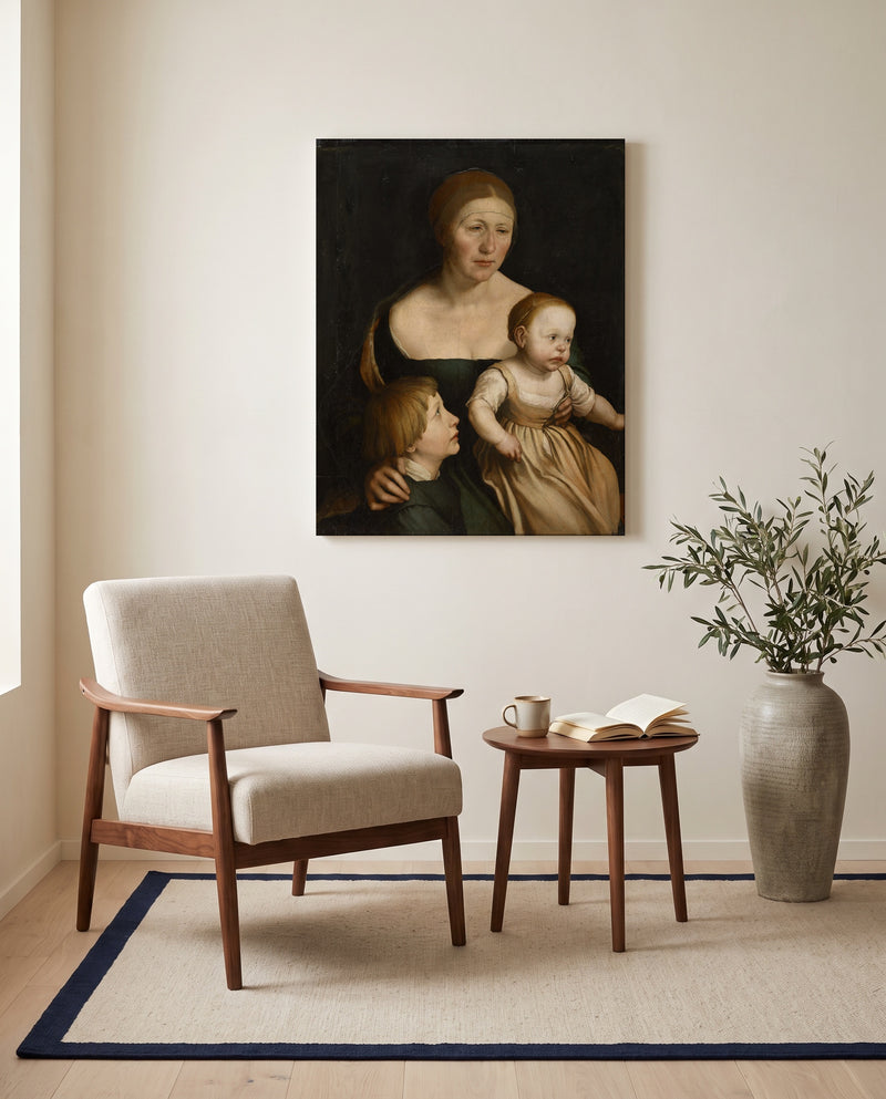 The Artist’s Family by Hans Holbein the Younger as a stretched canvas above a linen lounge chair in a reading corner