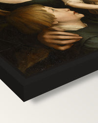 The Artist’s Family by the Younger framed canvas, corner close-up: a black floating frame with a shadow gap round the canvas