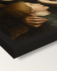 The Artist’s Family by the Younger framed print, corner close-up: black moulding, mitred, the print set just below its edge