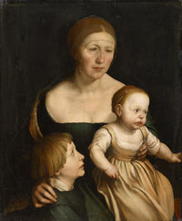Portrait of the Artist’s Family by Hans Holbein: a mother in a dark dress with a small girl on her lap and a boy at her side