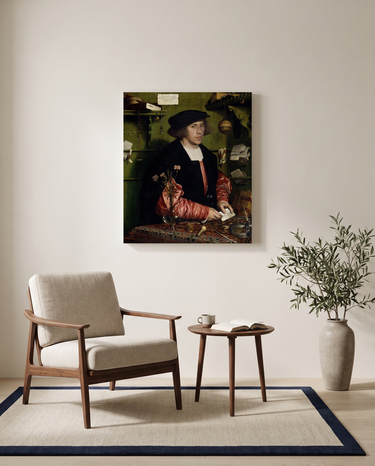 The Merchant Georg Gisze by Hans Holbein the Younger as a stretched canvas above a linen lounge chair in a reading corner