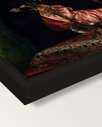 The Merchant Georg Gisze framed canvas, corner close-up: a black floating frame with a shadow gap round the canvas