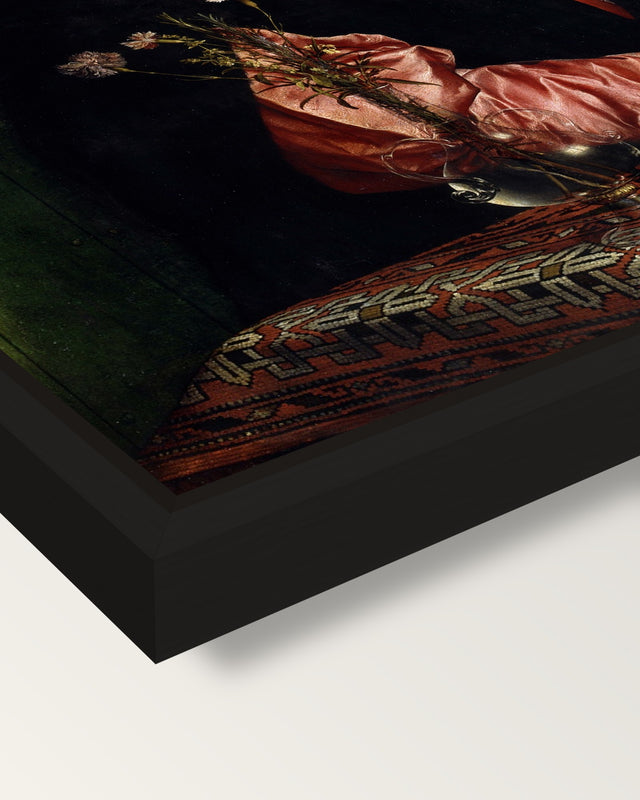 The Merchant Georg Gisze framed canvas, corner close-up: a black floating frame with a shadow gap round the canvas