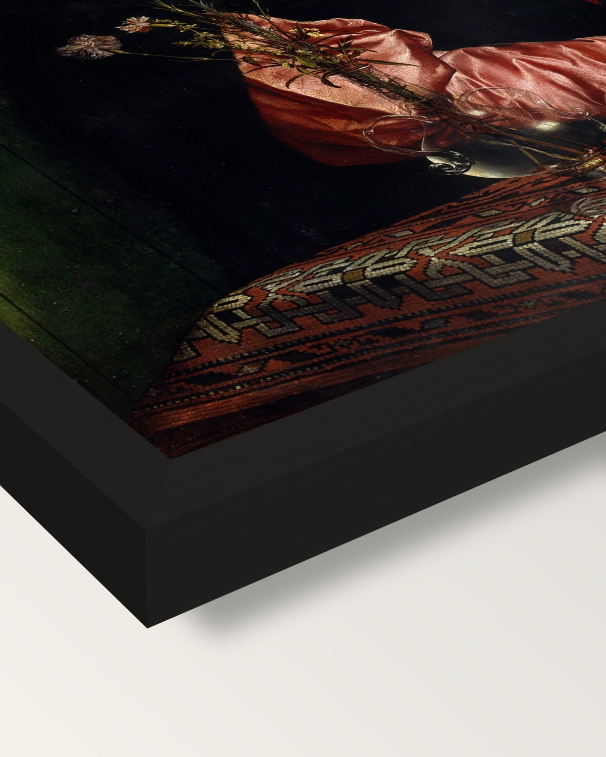 The Merchant Georg Gisze framed print, corner close-up: black moulding, mitred, the print set just below its edge
