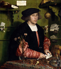 The Merchant Georg Gisze by Hans Holbein: a young man in black and pink silk at a desk with letters, a clock and flowers