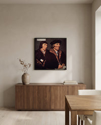 Thomas Godsalve and Son by Hans Holbein the Younger in a black frame above a walnut sideboard in a dining room