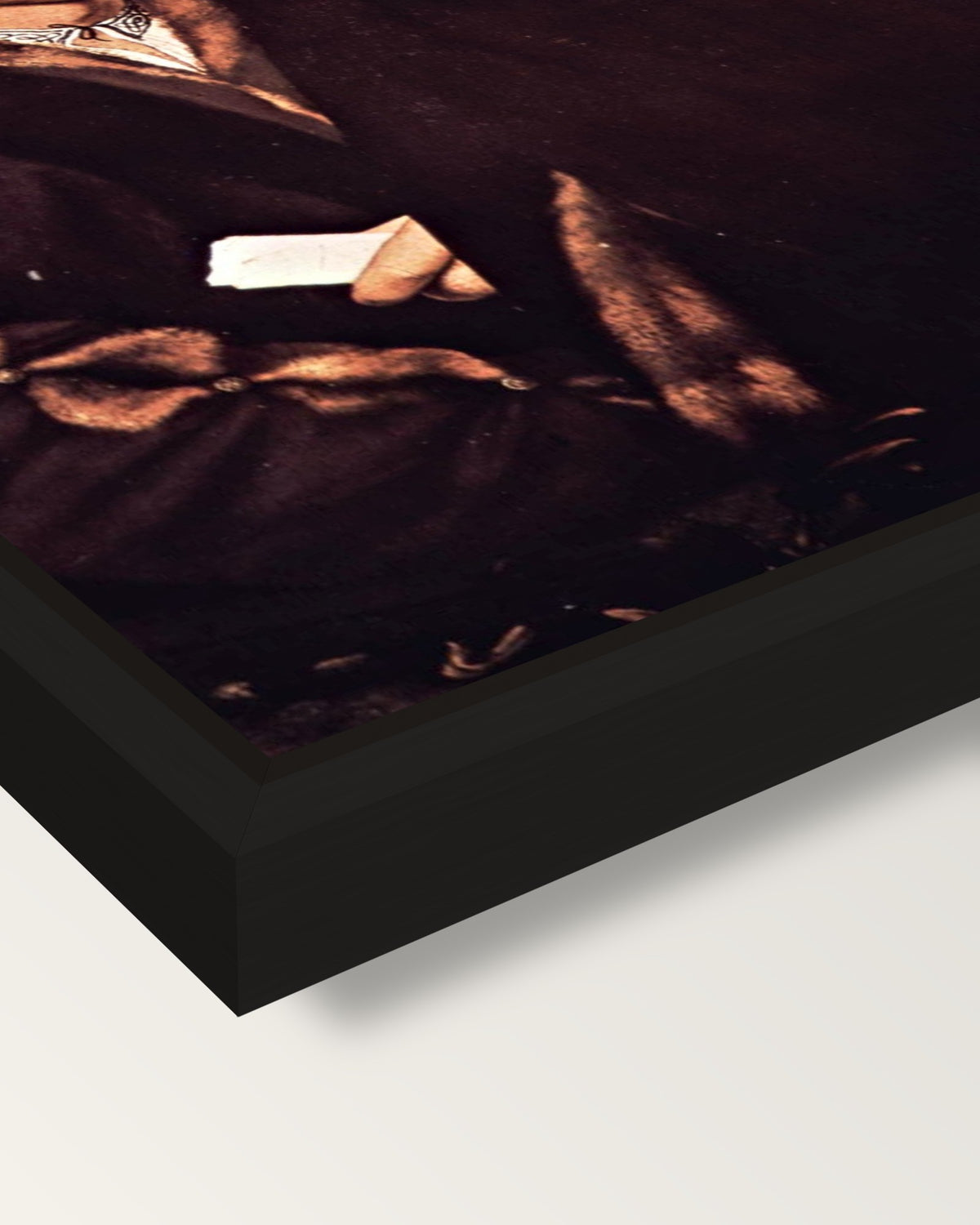 Thomas Godsalve and Son framed canvas, corner close-up: a black floating frame with a shadow gap round the canvas
