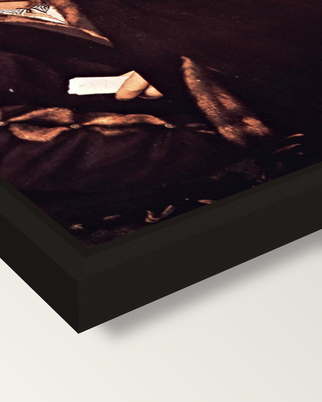 Thomas Godsalve and Son framed canvas, corner close-up: a black floating frame with a shadow gap round the canvas