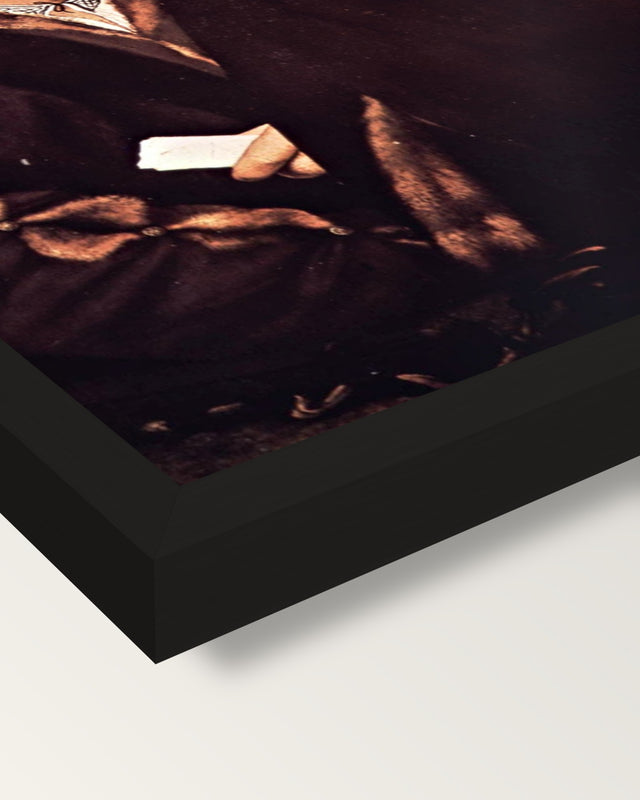 Thomas Godsalve and Son framed print, corner close-up: black moulding, mitred, the print set just below its edge