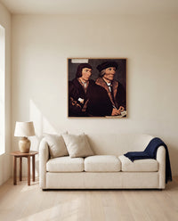 Thomas Godsalve and Son by Hans Holbein the Younger framed in natural oak above a cream sofa in a warm living room