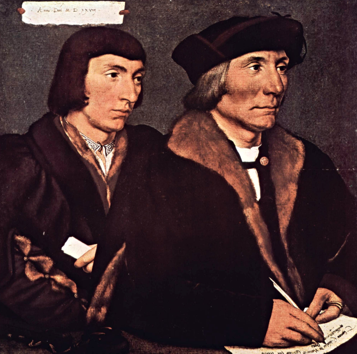 Thomas Godsalve and his Son John by Holbein: an older man writing with a quill beside a younger man holding a paper