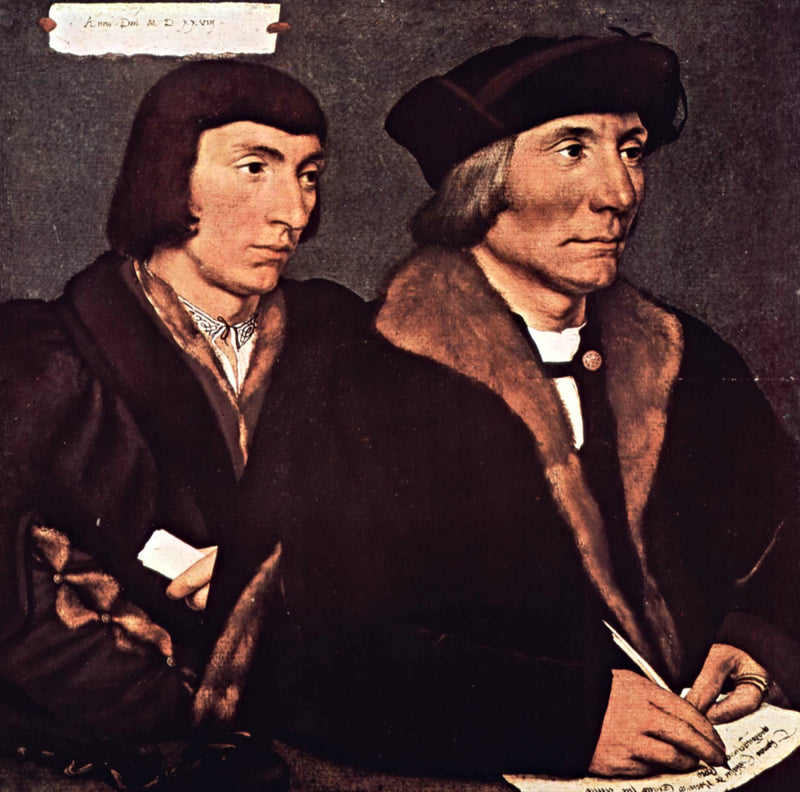 Thomas Godsalve and his Son John by Holbein: an older man writing with a quill beside a younger man holding a paper