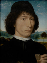 Portrait of a Man with a Roman Coin by Memling: a man in a black cap holds up a bronze coin, a lake and palm tree behind