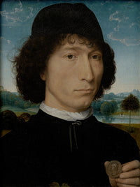 Portrait of a Man with a Roman Coin by Memling: a man in a black cap holds up a bronze coin, a lake and palm tree behind