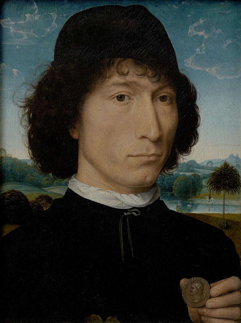 Portrait of a Man with a Roman Coin by Memling: a man in a black cap holds up a bronze coin, a lake and palm tree behind