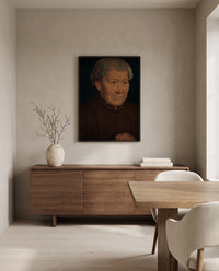 Old Man by Hans Memling in a black frame above a walnut sideboard in a dining room