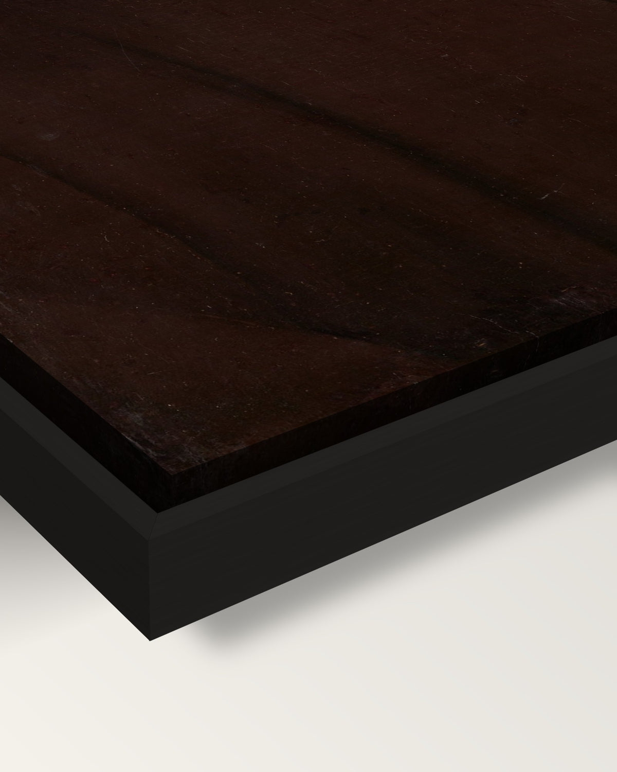 Old Man framed canvas, corner close-up: the canvas in a slim black floating frame, its painted edge in the shadow gap
