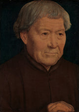Portrait of an Old Man by Memling: a grey-haired old man in a brown robe, his hand resting on a ledge