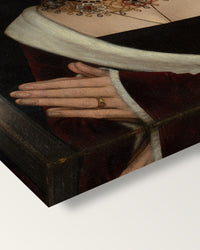 Maria Portinari by Hans Memling on stretched canvas, corner close-up: the painting mirror-wrapped round the sides