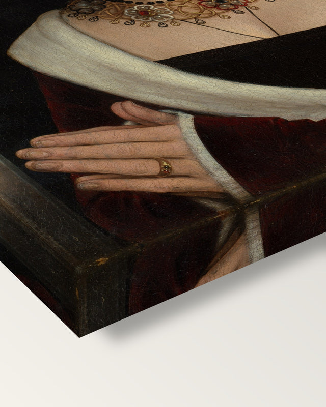 Maria Portinari by Hans Memling on stretched canvas, corner close-up: the painting mirror-wrapped round the sides