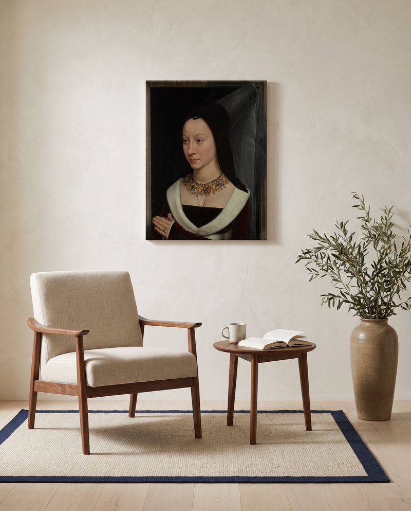 Maria Portinari by Hans Memling as a stretched canvas above a linen lounge chair in a reading corner
