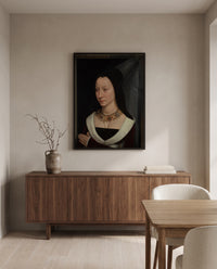 Maria Portinari by Hans Memling in a black frame above a walnut sideboard in a dining room