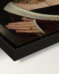 Maria Portinari framed canvas, corner close-up: the canvas in a slim black floating frame, its painted edge in the shadow gap