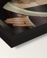 Maria Portinari by Hans Memling framed print, corner close-up: black moulding, edge to edge under plexiglass, no mat