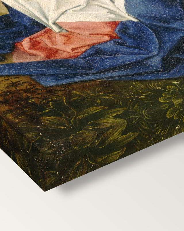 Saint Veronica by Hans Memling on stretched canvas, corner close-up: the painting mirror-wrapped round the sides