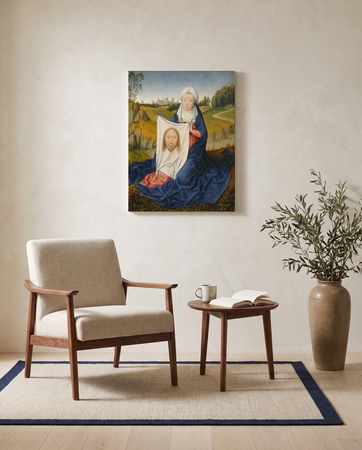 Saint Veronica by Hans Memling as a stretched canvas above a linen lounge chair in a reading corner