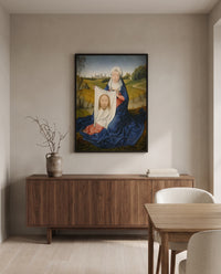 Saint Veronica by Hans Memling in a black frame above a walnut sideboard in a dining room