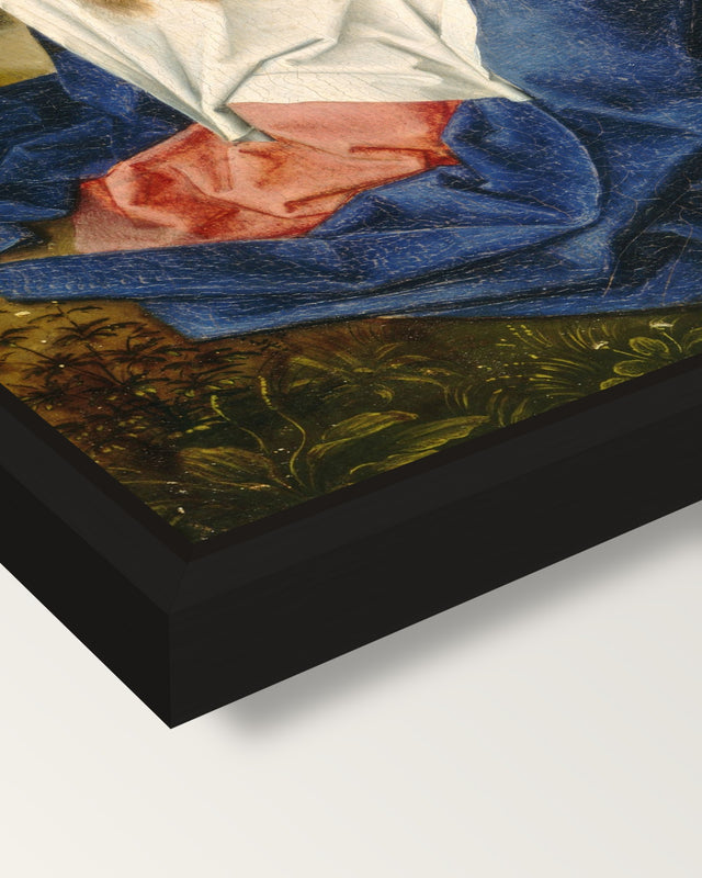 Saint Veronica by Hans Memling framed canvas, corner close-up: a black floating frame with a shadow gap round the canvas