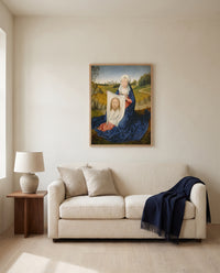 Saint Veronica by Hans Memling framed in natural oak above a cream sofa in a warm living room