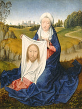 Saint Veronica by Hans Memling: a woman in a blue cloak sits in a green landscape holding a cloth with the face of Christ