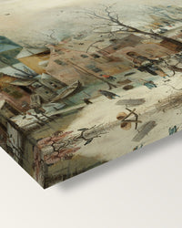 Winter Landscape, Skaters by Avercamp on stretched canvas, corner close-up: the painting mirror-wrapped round the sides