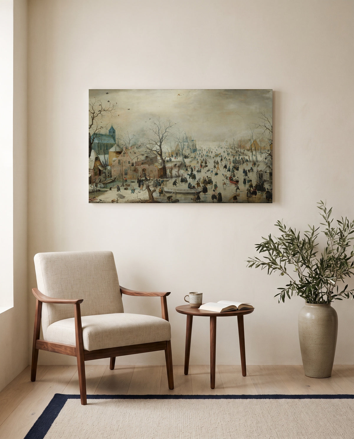 Winter Landscape, Skaters by Hendrick Avercamp as a stretched canvas above a linen lounge chair in a reading corner