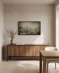Winter Landscape, Skaters by Hendrick Avercamp in a black frame above a walnut sideboard in a dining room