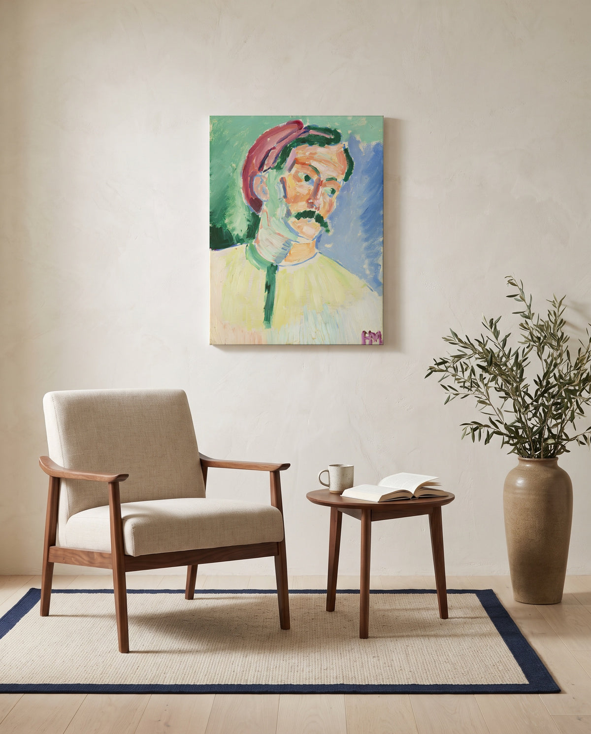 André Derain by Henri Matisse as a stretched canvas above a linen lounge chair in a reading corner