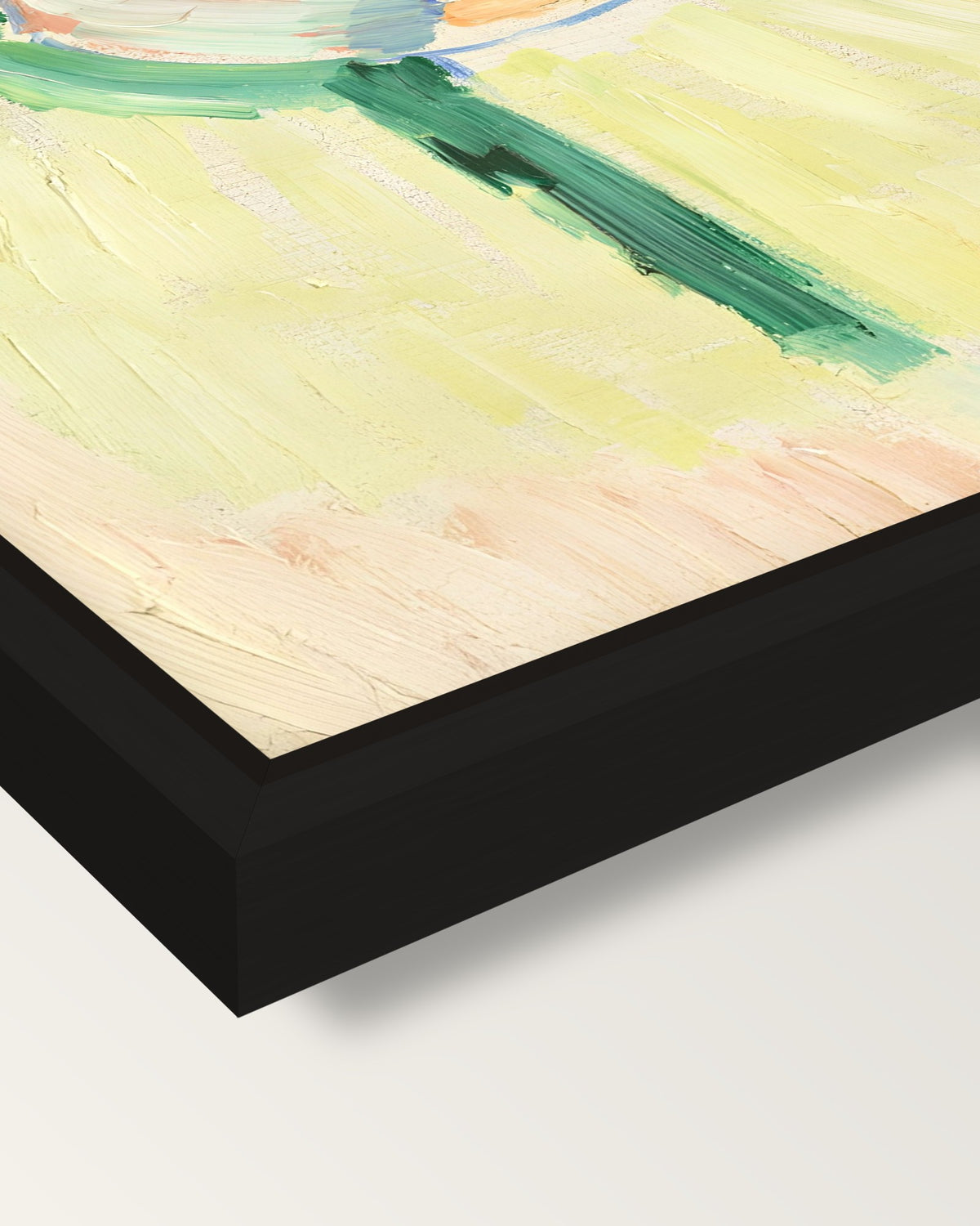 André Derain by Henri Matisse framed canvas, corner close-up: a black floating frame with a shadow gap round the canvas